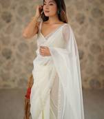 off white embroidered embellished beads and stones net saree