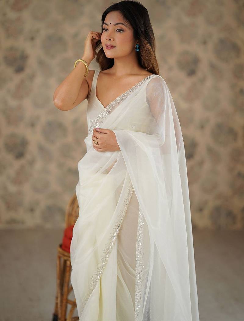 off white embroidered embellished beads and stones net saree