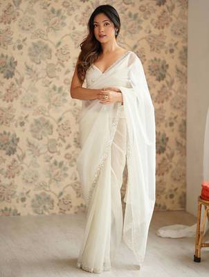 off white embroidered embellished beads and stones net saree 2