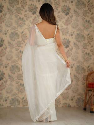 off white embroidered embellished beads and stones net saree 3