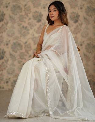 off white embroidered embellished beads and stones net saree 4