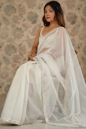 off white embroidered embellished beads and stones net saree