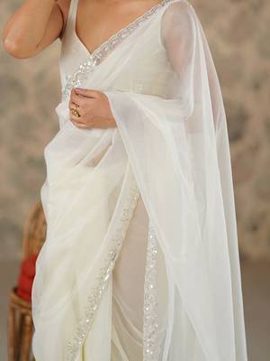 off white embroidered embellished beads and stones net saree 5