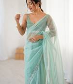 turquoise beads and stones embellished net party wear saree