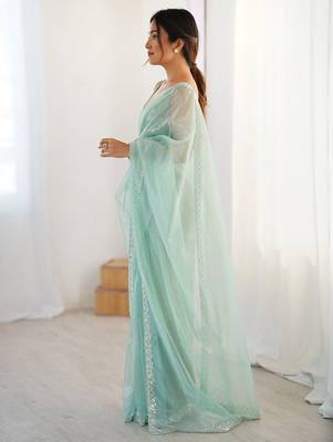 turquoise beads and stones embellished net party wear saree 3