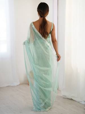 turquoise beads and stones embellished net party wear saree 4