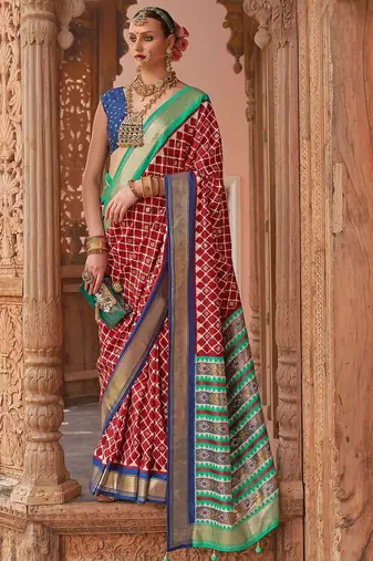 maroon & blue ethnic motifs printed zari banarasi silk blend saree