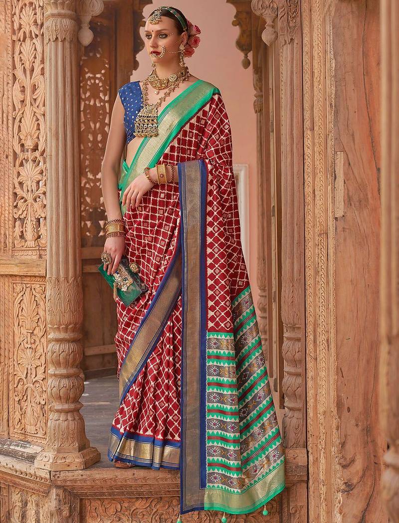 maroon & blue ethnic motifs printed zari banarasi silk blend saree