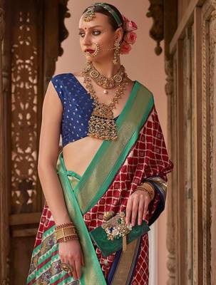 maroon & blue ethnic motifs printed zari banarasi silk blend saree 2