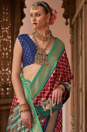 maroon & blue ethnic motifs printed zari banarasi silk blend saree