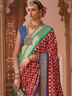 maroon & blue ethnic motifs printed zari banarasi silk blend saree 3