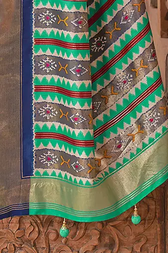maroon & blue ethnic motifs printed zari banarasi silk blend saree