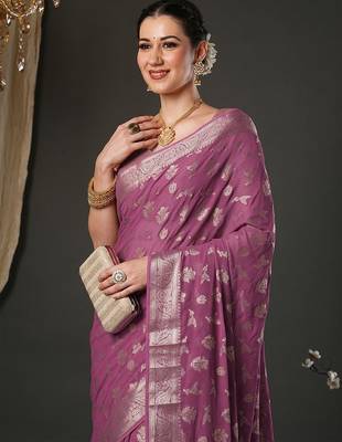 mauve woven design zari georgette kanjeevaram saree 1