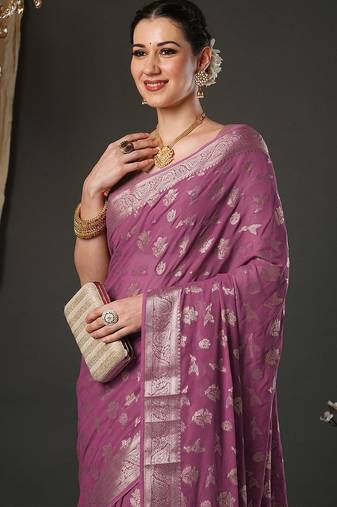 mauve woven design zari georgette kanjeevaram saree