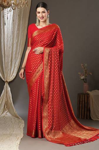 red woven design zari georgette kanjeevaram saree