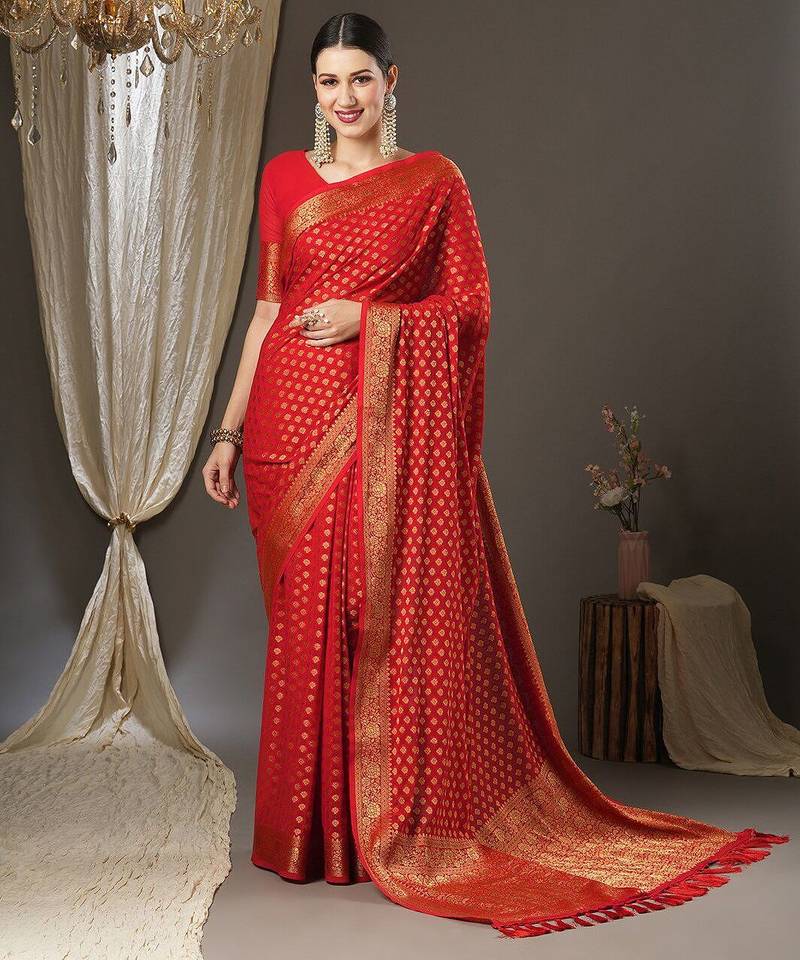 red woven design zari georgette kanjeevaram saree