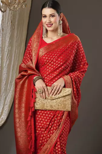 red woven design zari georgette kanjeevaram saree