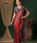 red bandhani ethnic printed crepe saree