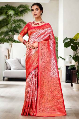 pink ethnic motifs zari kanjeevaram silk blend saree