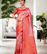 pink ethnic motifs zari kanjeevaram silk blend saree