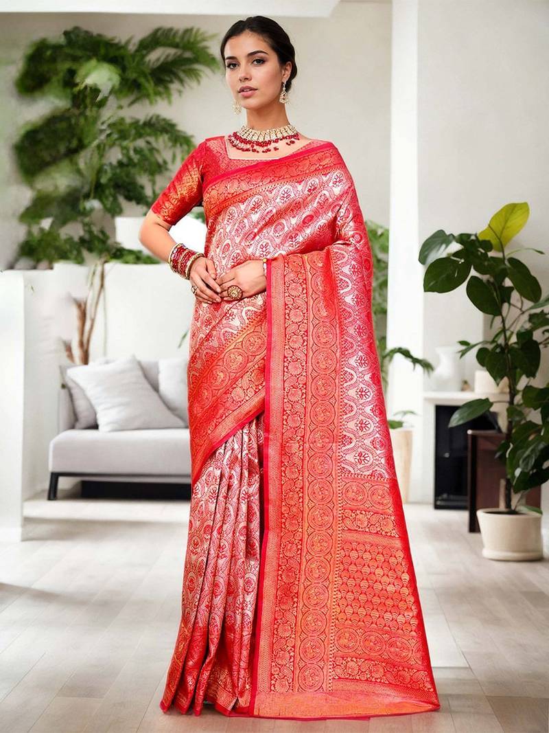 pink ethnic motifs zari kanjeevaram silk blend saree