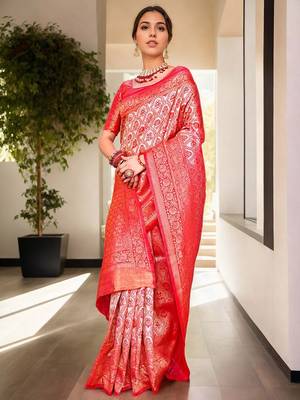 pink ethnic motifs zari kanjeevaram silk blend saree 2