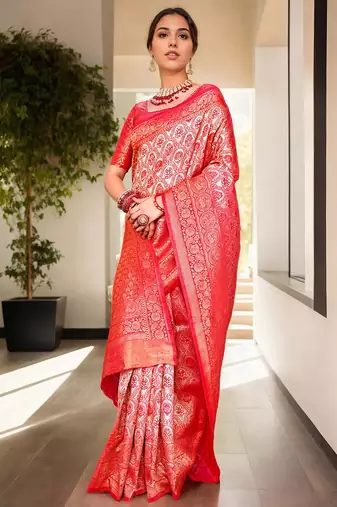 pink ethnic motifs zari kanjeevaram silk blend saree