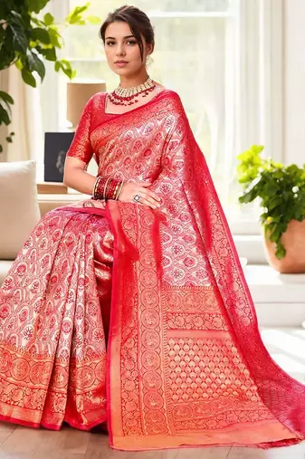 pink ethnic motifs zari kanjeevaram silk blend saree