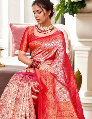 pink ethnic motifs zari kanjeevaram silk blend saree 4