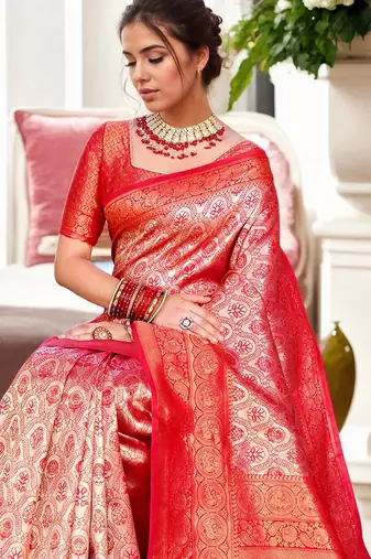 pink ethnic motifs zari kanjeevaram silk blend saree