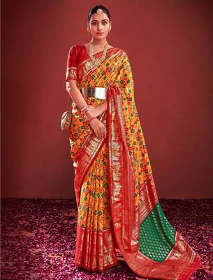Mustard ethnic motifs zari pochampally saree 1