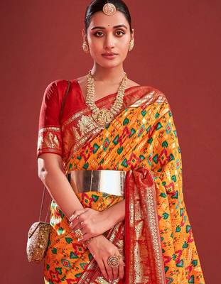 Mustard ethnic motifs zari pochampally saree 2