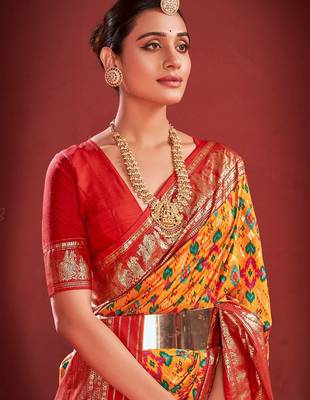Mustard ethnic motifs zari pochampally saree 3