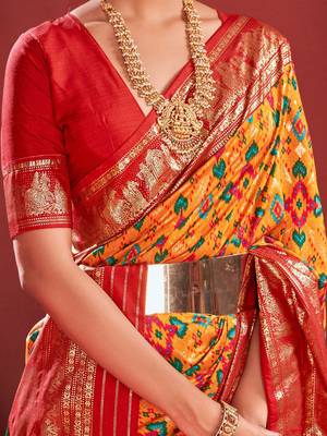 Mustard ethnic motifs zari pochampally saree 4