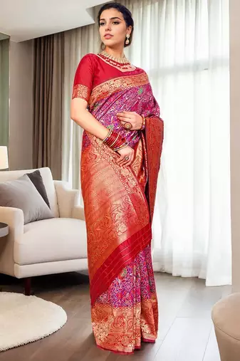 magenta woven design zari kanjeevaram silk blend saree