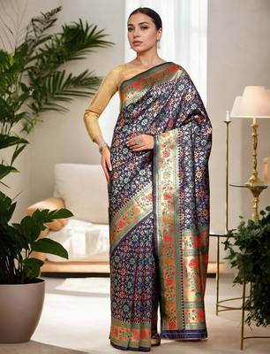 navy blue woven design zari kanjeevaram silk blend saree 1