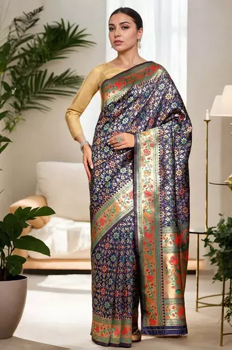 navy blue woven design zari kanjeevaram silk blend saree
