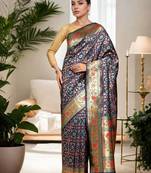 navy blue woven design zari kanjeevaram silk blend saree