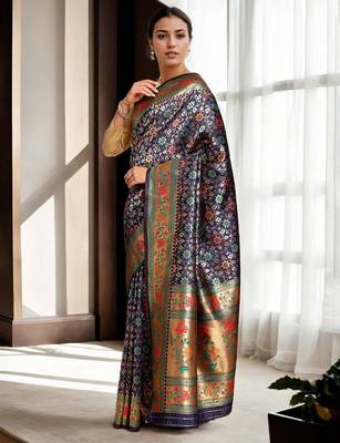 navy blue woven design zari kanjeevaram silk blend saree 2