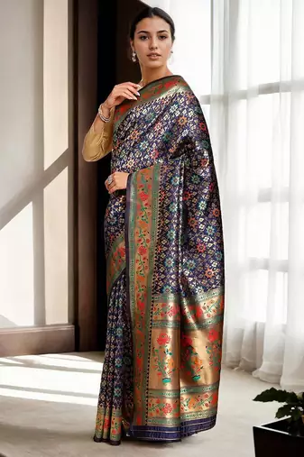 navy blue woven design zari kanjeevaram silk blend saree