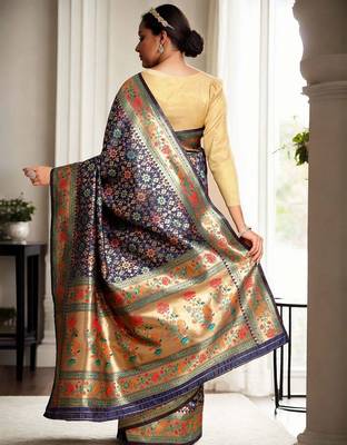 navy blue woven design zari kanjeevaram silk blend saree 3