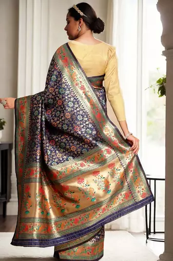 navy blue woven design zari kanjeevaram silk blend saree
