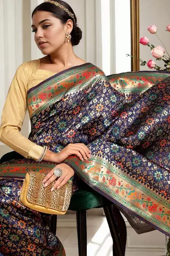 navy blue woven design zari kanjeevaram silk blend saree