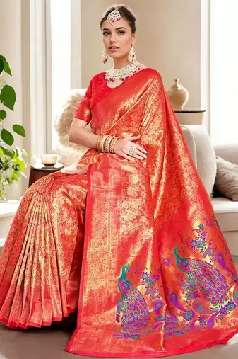red woven design kanjeevaram silk blend saree