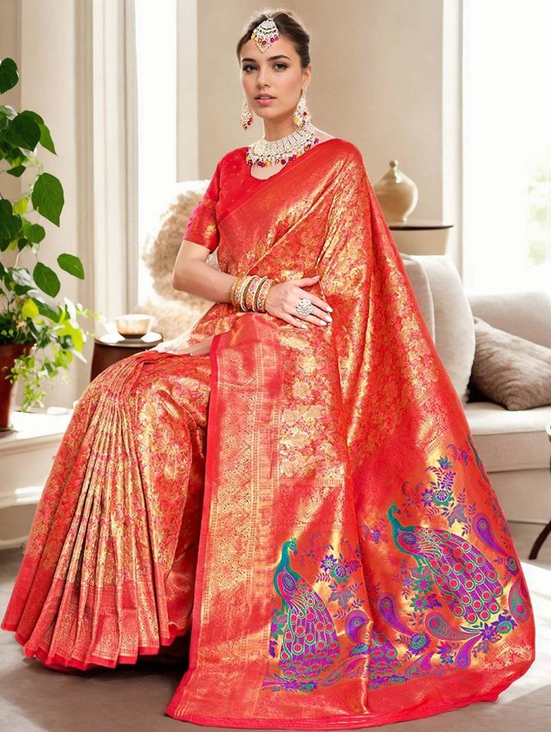 red woven design kanjeevaram silk blend saree