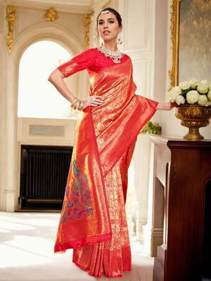 red woven design kanjeevaram silk blend saree 2