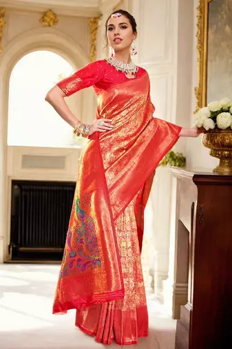 red woven design kanjeevaram silk blend saree