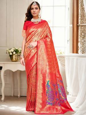 red woven design kanjeevaram silk blend saree 3