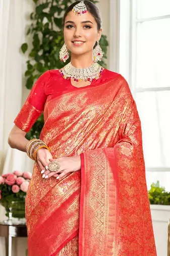 red woven design kanjeevaram silk blend saree
