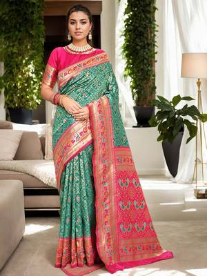 turquoise woven design zari kanjeevaram silk blend saree 1